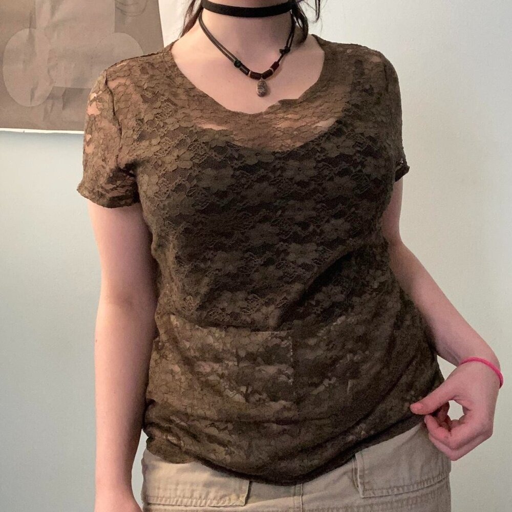 H&M Conscious Collection Olive Green Sheer Floral Lace Top Tee Medium